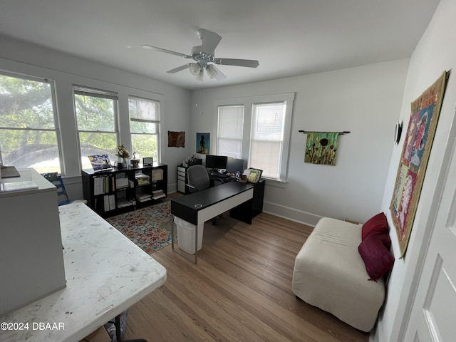 office area featuring hardwood / wood-style flooring, plenty of natural light, and ceiling fan