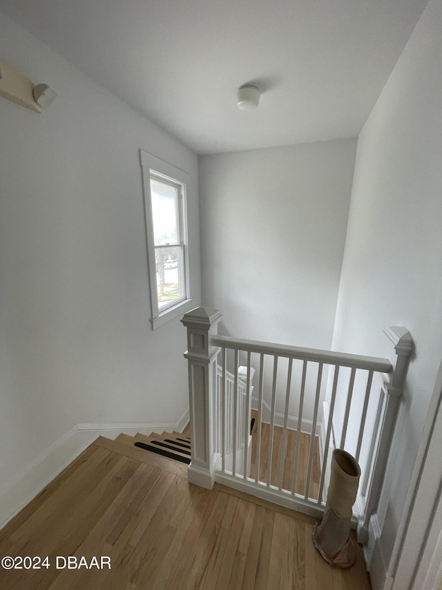 stairway featuring hardwood / wood-style flooring