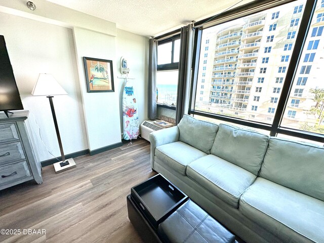 living room with baseboards, a textured ceiling, and wood finished floors