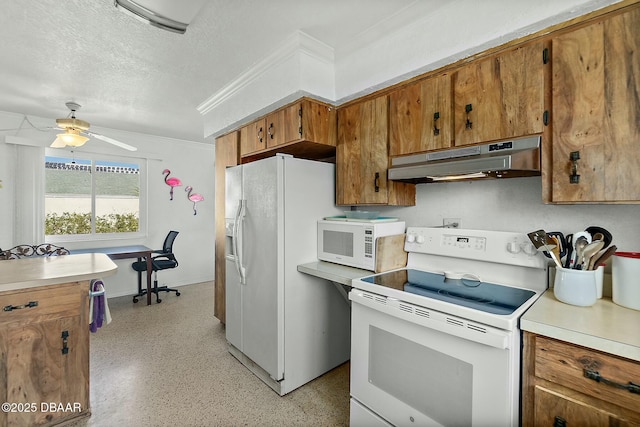 kitchen featuring under cabinet range hood, a textured ceiling, white appliances, brown cabinetry, and light countertops