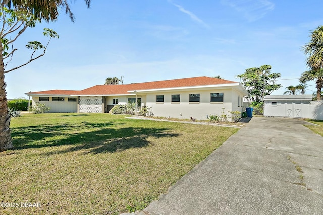 single story home with stucco siding, a front yard, and fence