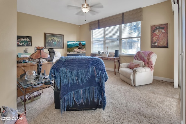 bedroom featuring ceiling fan and carpet floors