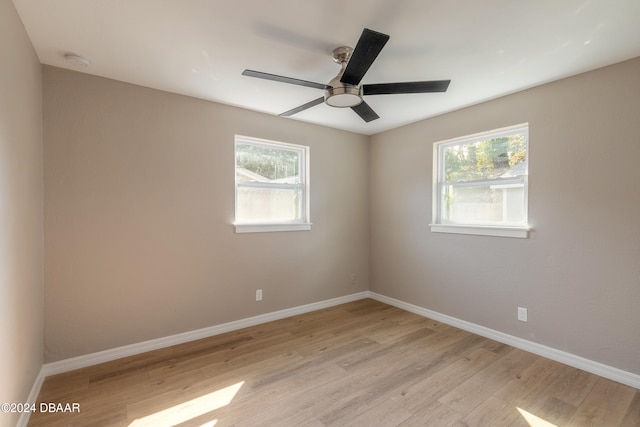 empty room featuring a wealth of natural light, ceiling fan, and light hardwood / wood-style flooring