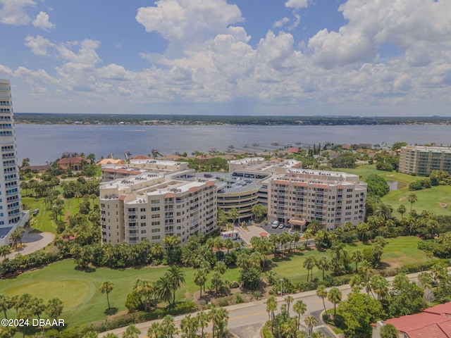 drone / aerial view with a water view