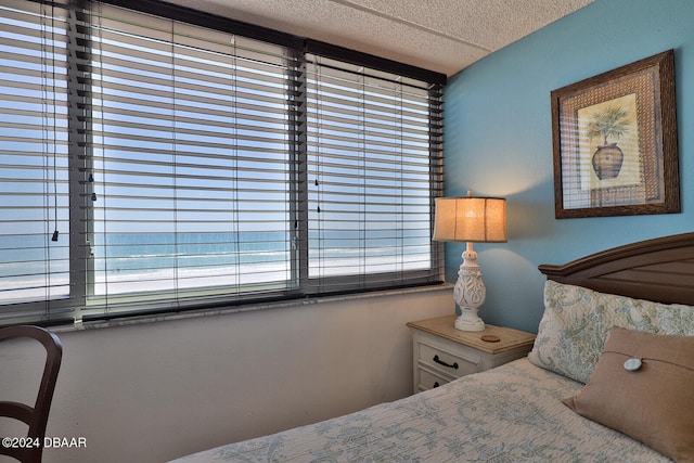 bedroom featuring a water view and a textured ceiling