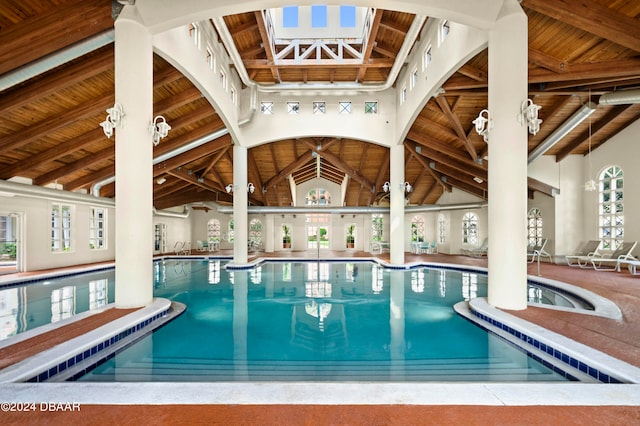 view of swimming pool with a skylight