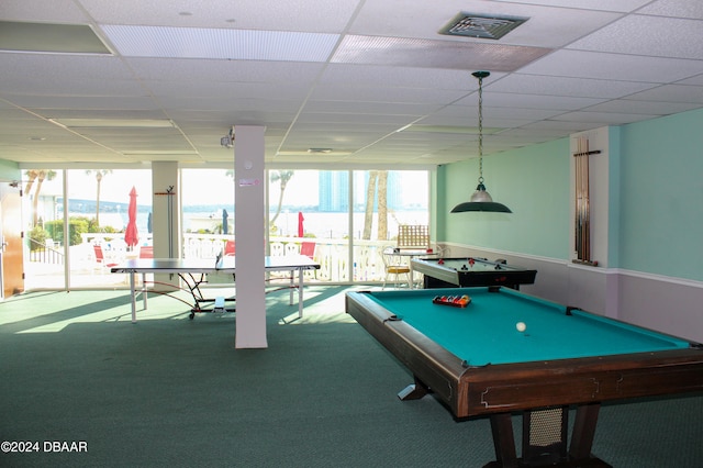 rec room with a drop ceiling, a healthy amount of sunlight, carpet floors, and pool table