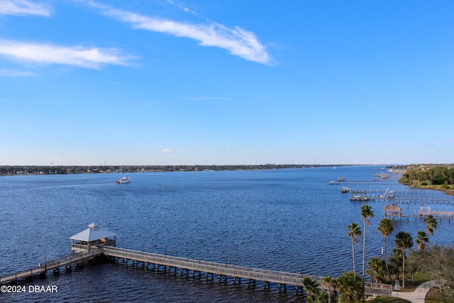 view of water feature with a boat dock