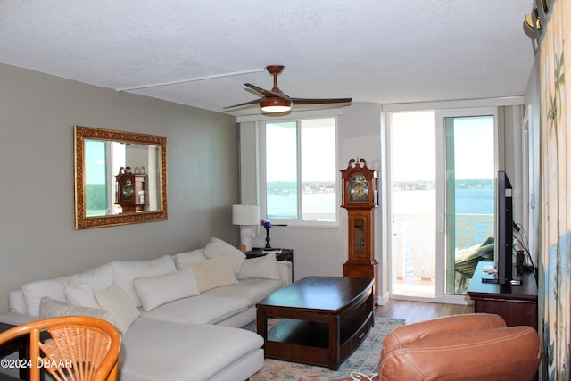 living room with ceiling fan, light hardwood / wood-style floors, and a textured ceiling