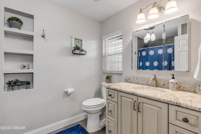 bathroom with hardwood / wood-style flooring, vanity, curtained shower, and toilet