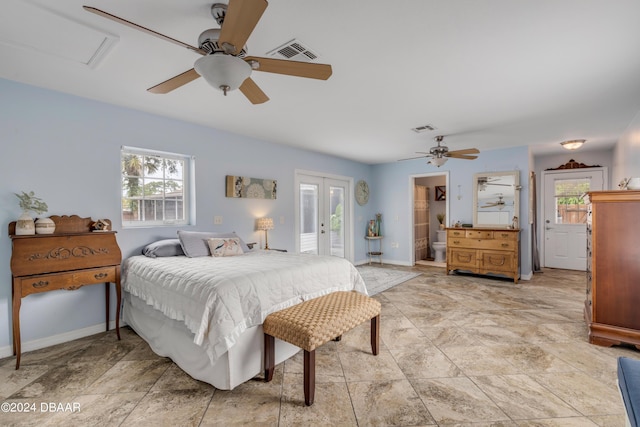 bedroom with multiple windows, access to outside, french doors, and ceiling fan