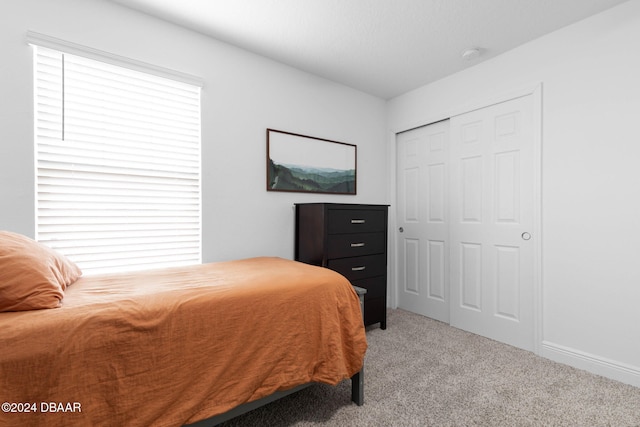 carpeted bedroom with multiple windows and a closet