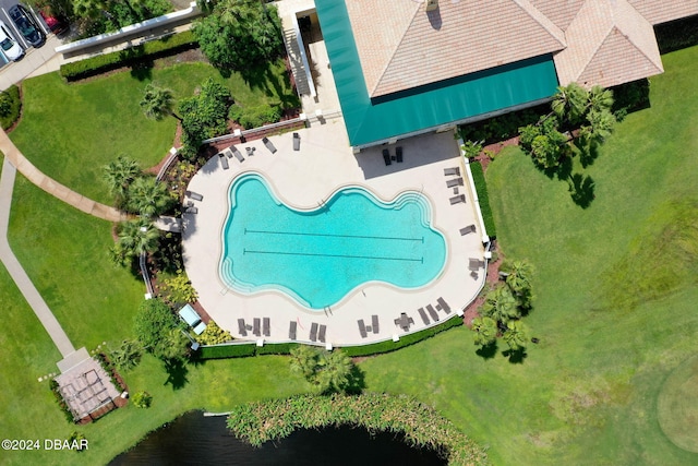 drone / aerial view featuring a water view