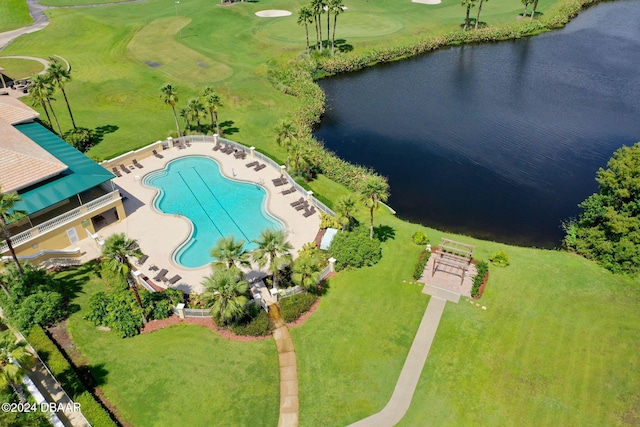 bird's eye view with a water view