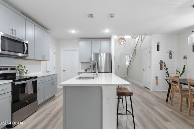 kitchen with sink, a kitchen island with sink, stainless steel appliances, a kitchen bar, and decorative backsplash