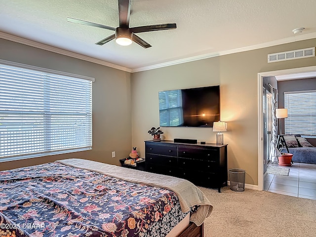 330 Charles Dr, Deland, FL 32724 - bedroom with carpet, crown molding, a textured ceiling, baseboards, and ceiling fan
