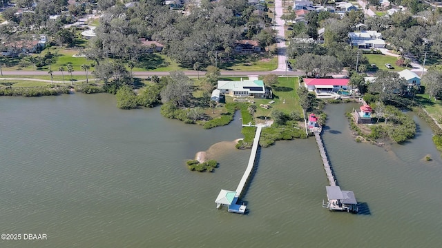 bird's eye view with a water view