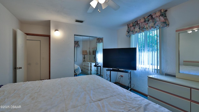 bedroom featuring ceiling fan and a closet