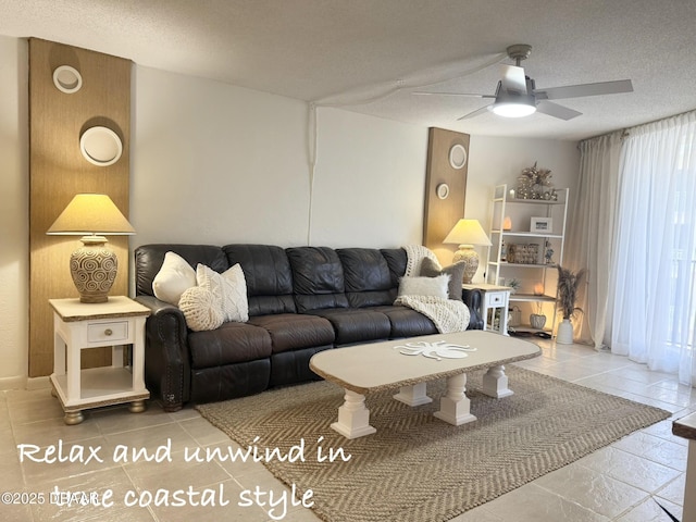 1415 Ocean Shore Blvd Unit 907, Ormond Beach, FL 32176 - living room with a textured ceiling and ceiling fan