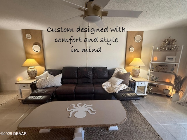 1415 Ocean Shore Blvd Unit 907, Ormond Beach, FL 32176 - tiled living room featuring a ceiling fan and a textured ceiling