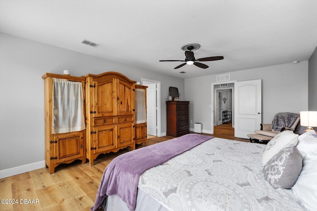 bedroom with ceiling fan and light hardwood / wood-style flooring