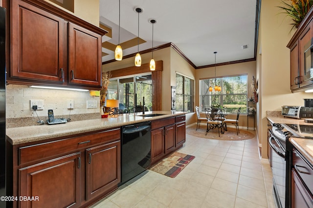 kitchen with dishwasher, hanging light fixtures, tasteful backsplash, stainless steel electric range, and light tile patterned floors