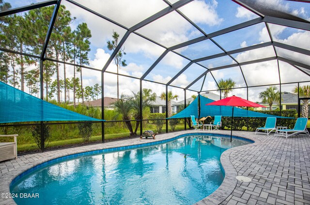 view of swimming pool with a patio area and glass enclosure