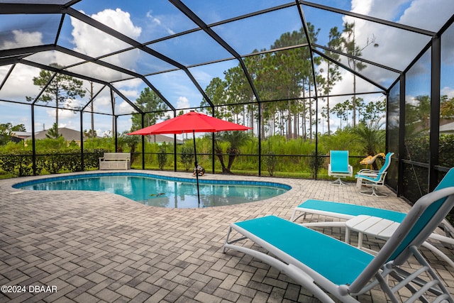 view of pool featuring a patio area and glass enclosure