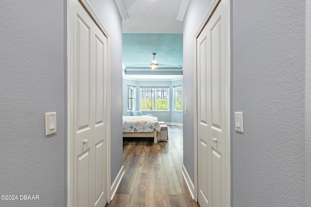 hallway featuring dark hardwood / wood-style flooring, ornamental molding, and a raised ceiling