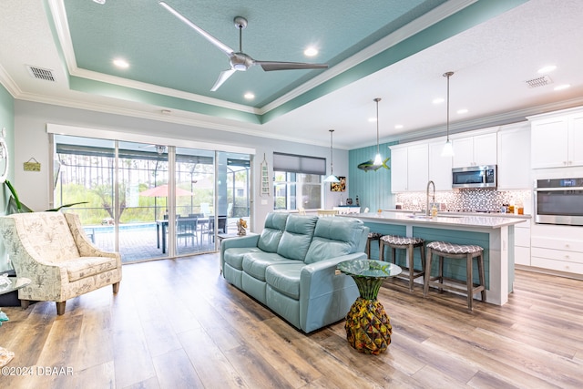 living room with sink, ornamental molding, light hardwood / wood-style floors, and a raised ceiling