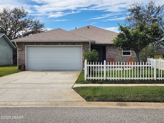 ranch-style home featuring a shingled roof, concrete driveway, a fenced front yard, an attached garage, and brick siding