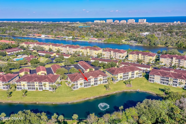 aerial view featuring a water view