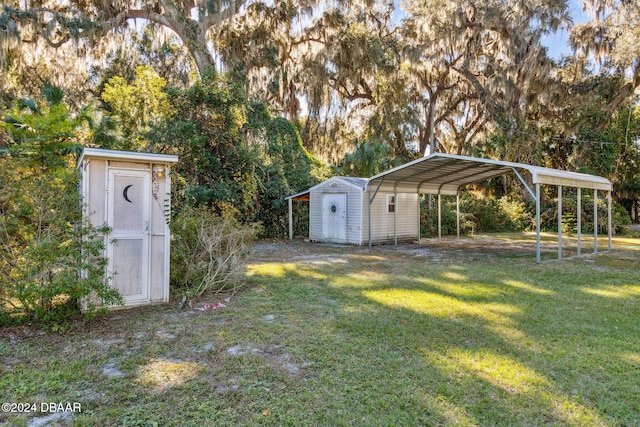 view of yard with a carport and a storage unit