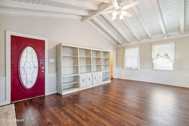 entryway with lofted ceiling with beams, ceiling fan, and dark wood-type flooring