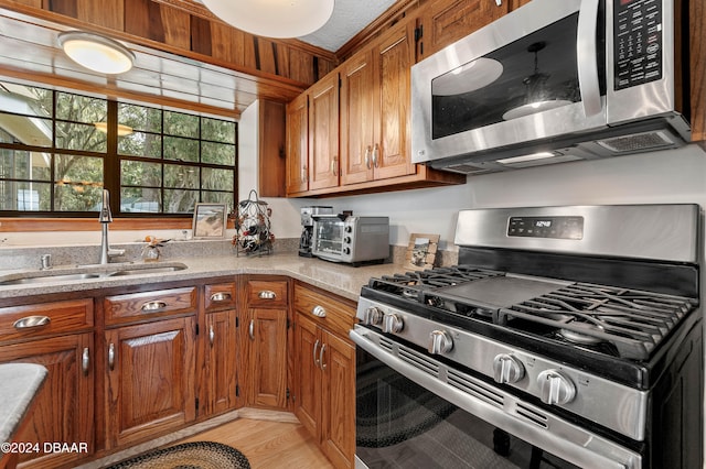 kitchen with appliances with stainless steel finishes, light hardwood / wood-style flooring, and sink