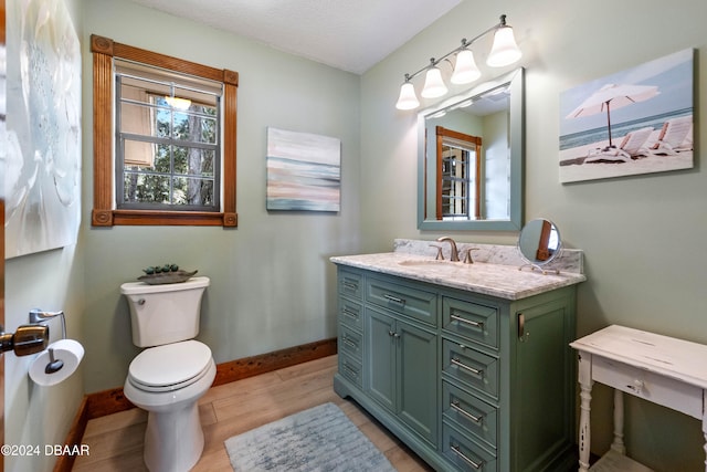 bathroom featuring vanity, wood-type flooring, a textured ceiling, and toilet