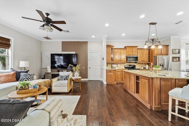 kitchen featuring stainless steel appliances, dark hardwood / wood-style flooring, crown molding, backsplash, and decorative light fixtures