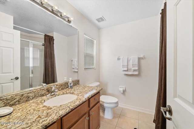 bathroom with toilet, walk in shower, a textured ceiling, and tile patterned floors