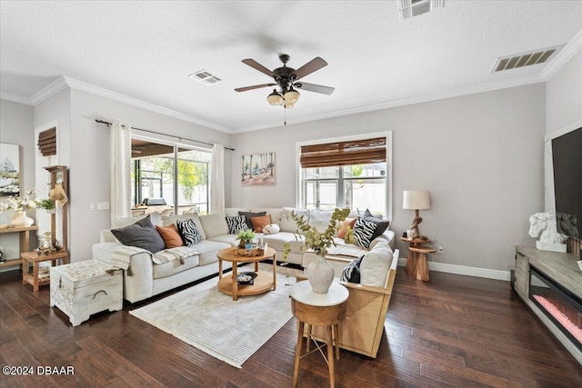 living room featuring dark wood-type flooring, ceiling fan, plenty of natural light, and crown molding