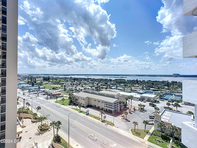 aerial view featuring a water view