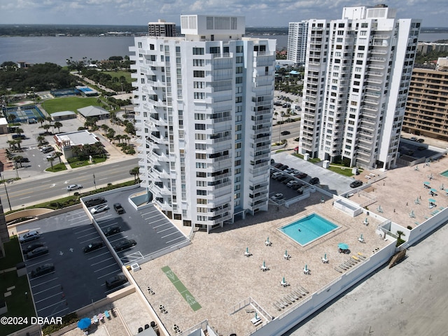 drone / aerial view featuring a water view