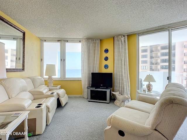 living room with a wealth of natural light, a textured ceiling, and carpet