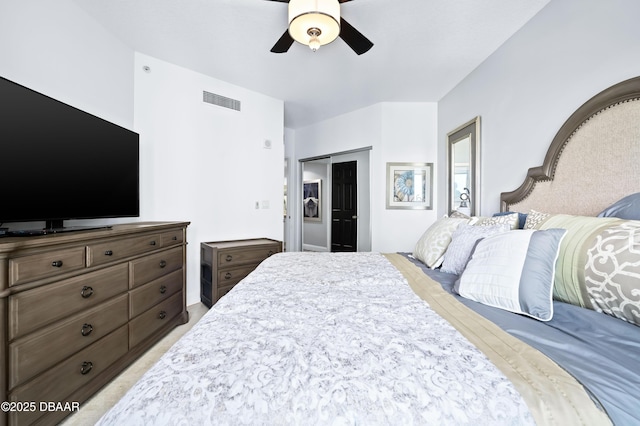 bedroom featuring a closet, a ceiling fan, and visible vents