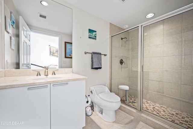 bathroom with a shower stall, tile patterned flooring, visible vents, and toilet