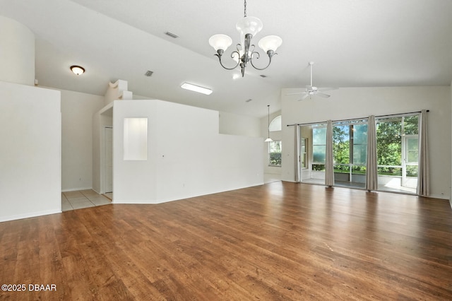 918 Brookridge Ln, Ormond Beach, FL 32174 - unfurnished living room with a chandelier, wood finished floors, a ceiling fan, and high vaulted ceiling