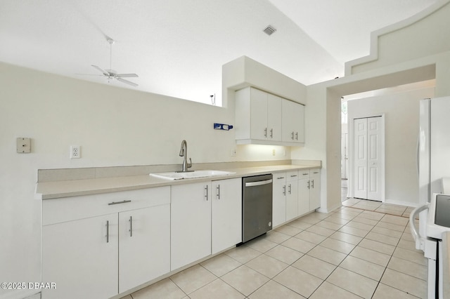 918 Brookridge Ln, Ormond Beach, FL 32174 - kitchen featuring ceiling fan, dishwasher, light countertops, light tile patterned flooring, and white cabinets
