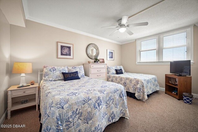 4505 S Atlantic Ave Unit 605, Ponce Inlet, FL 32127 - carpeted bedroom with crown molding, a ceiling fan, and a textured ceiling