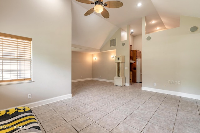 121 Palm Dr, Daytona Beach, FL 32117 - unfurnished room featuring high vaulted ceiling, ceiling fan, light tile patterned floors, baseboards, and recessed lighting