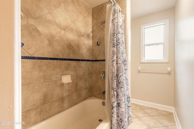 121 Palm Dr, Daytona Beach, FL 32117 - full bathroom featuring shower / bath combination with curtain, baseboards, and tile patterned flooring