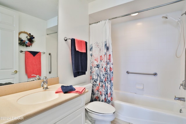 full bathroom with shower / tub combo with curtain, vanity, and toilet